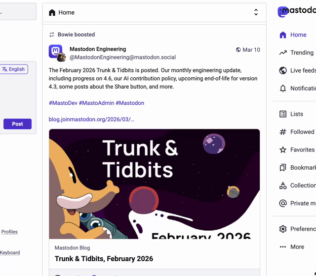 The video starts on the Home page of a person's Mastodon account. The person clicks into the "Collections" page, found in the right-side navigation bar. They click the "New Collection" button, then search and select several accounts to add to their collection. Once they're done, they select "Continue." A new screen appears, which ask the person to provide basic details like Name, Description, Topic, Language, and Visibility. (For this person, the Collection is cats.) The final screen is a pop-up window which prompts the person to copy a share link, or post their collection on Mastodon.