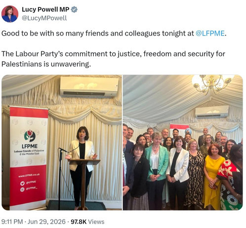A screenshot of a tweet by Lucy Powell MP ([@]LucyMPowell).

The tweet reads, "Good to be with so many friends and colleagues tonight at [@]LFPME. The Labour Party's commitment to justice, freedom and security for Palestinians is unwavering." 

Below the text are two side-by-side photographs. 

In the left photo, a person stands behind a podium featuring a banner that says, "LFPME Labour Friends of Palestine & the Middle East", "www.LFPME.co.uk", "[@]LFPME", and "[@]LFPME_". 

The right photo shows a group of people posing in front of white draped fabric and an air conditioning unit.