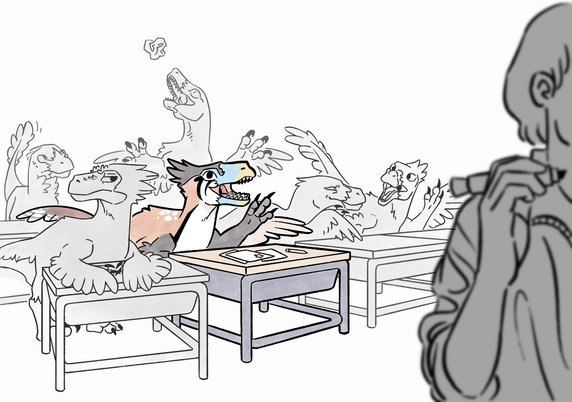 A classroom full of utahraptors. Sawyer, one of the dinosaurs, is in the center, excited to answer a question. The other utahraptors around her are not as focused and seem annoyed by Sawyer's enthusiasm.
