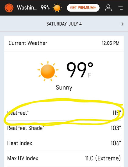 Current (not predicted) temperature 99°G; Real Feel 115°.