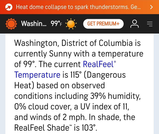 "Washington
Washington, District of Columbia is currently Sunny with a temperature of 99°. The current RealFeel® Temperature is 115° (Dangerous Heat)"