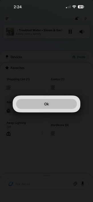 A screenshot of the Alexa app, which has changed to display a black screen with a large white button that says “Ok”

Clicking the button does nothing. 