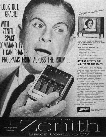 A vintage black-and-white advertisement for Zenith Space Command TV featuring comedian George Burns. He is shown with an exaggerated, surprised expression, holding a thick, rectangular four-button remote control labeled "Zenith Space Command." Large text next to him reads, "'LOOK OUT, GRACIE! WITH ZENITH SPACE COMMAND TV I CAN CHANGE PROGRAMS FROM ACROSS THE ROOM'..." In the upper right corner, a television set displays his comedy partner, Gracie Allen, with text above her reading, "George!... You wouldn't dare!" The ad's side copy promotes the remote's "silent sound" technology, emphasizing that it can "shut off the sound of long, annoying commercials" and operates with "No Wires, No Batteries, No Transistors... NOTHING BETWEEN YOU AND THE SET BUT SPACE!" The bottom prominently features the Zenith logo alongside the tagline, "The Royalty of Television."