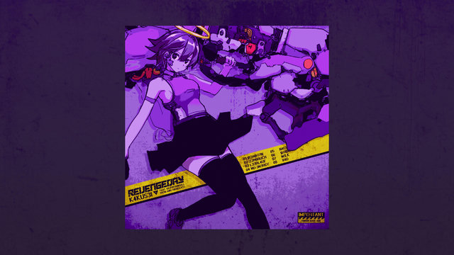 illustration with a purple color scheme. It shows an anime-style character wearing a halo and a stylish outfit, including a skirt and over-the-knee socks. The character is surrounded by mechanical elements or robots. There is a bold yellow diagonal stripe containing text in the lower part of the image, with more text on the right side, likely artist or title information. The image has a distinct graphic design, combining both futuristic and artistic elements.