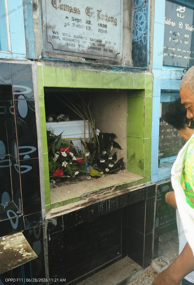 An open, rectangular green-tiled niche in a stacked concrete burial wall, containing a small white casket surrounded by flowers others are wilted, with two people looking in from the right.

