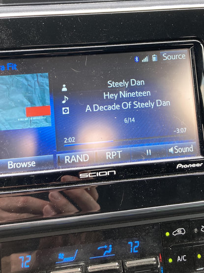Car radio playing “Hey Nineteen” by Steely Dan.