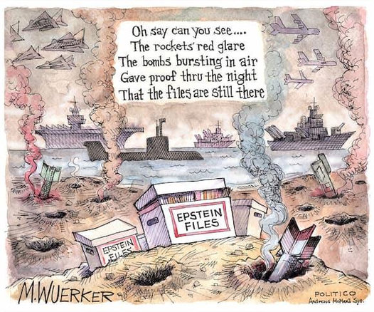 Cartoon of a war zone. Text "Oh say can you see… The rockets' red glare,
The bombs bursting in air, Gave proof thru the night, That the files are still there"
Boxes marked "Epstein Files" on the ground amidst the craters.