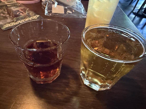 a couple of drinks in glasses