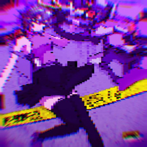 pixelated and distorted digital artwork featuring a character in a dynamic pose. The character is wearing a purple outfit and is surrounded by purple and black colors, with yellow caution tape-like elements in the background. The overall effect includes glitch-style visual distortions, giving it a chaotic and intense feel.