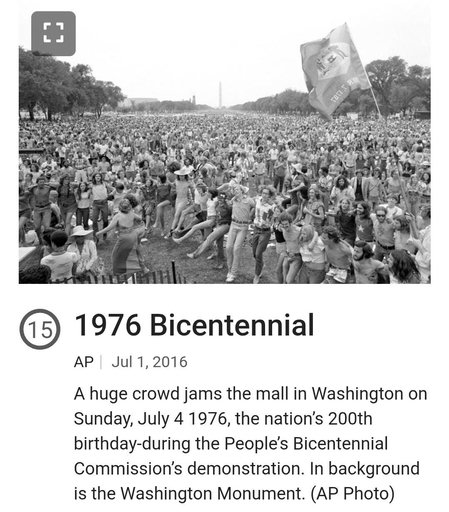 AP photograph of the national mall in Washington DC during the bicentennial celebration. It is wall to wall people, dancing and having fun. The crowd stretches through the entire mall. 