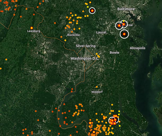 Map showing lightning south north and northeast of DC 