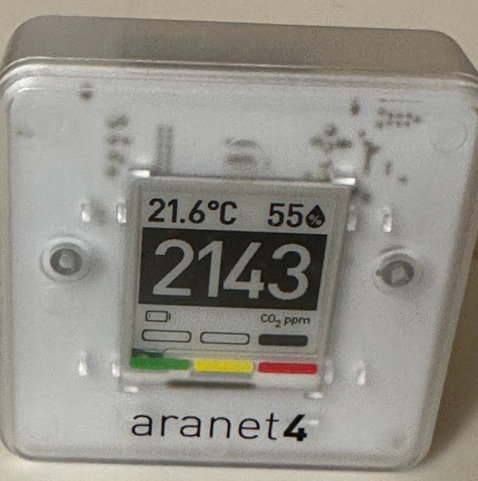 Portable CO2 monitor reading 2143 ppm