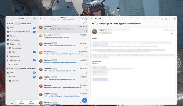 A screenshot of my screen, showing a development version of "Stamp" from a few days ago displaying some emails from two of my email accounts. The user interface looks mostly like Geary, except it's GTK4 instead of GTK3, with LibAdwaita styling on top, and there are three main view switcher buttons: "Mail", "Contacts" and "Calendar".