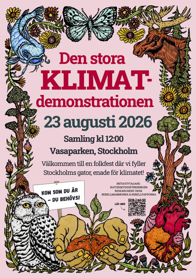 Den stora klimatdemonstrationen 23 augusti 2026 Samling kl 12:00 Vasaparken, Stockholm
Välkommen till en folkfest där vi fyller Stockholms gator, enade för klimatet!