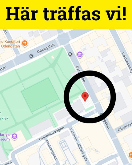 Karta med Eastmaninstitutet markerat, och texten "Här träffas vi!"