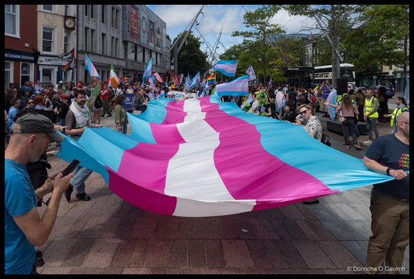  a large trans pride flag in pink, white and blue being carried flat by a crowd along a paved city street in Cork, with people holding trans flags and a Palestinian flag behind; shopfronts read "CHILDRENS LEUKAEMIA ASSOCIATION" and "three fools", and a marcher on the right wears a t-shirt reading "GENDER AFFIRMING HEALTHCARE SAVES".