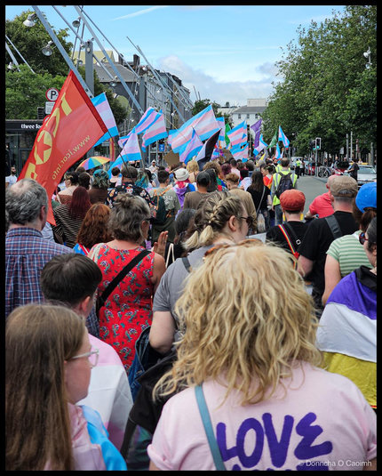 Photo taken from within a marching crowd seen from behind, with trans flags and a red flag reading "www.icoi.info" raised above; a person in the foreground wears a pink t-shirt with "LOVE" printed in purple, and the "three fools" shopfront is visible ahead.