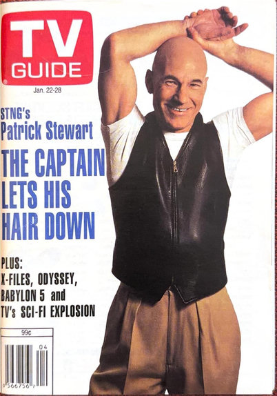 Front page of magazine, showing a picture of Patrick Stewart and the corny "The Captain Lets His Hair Down" headline.