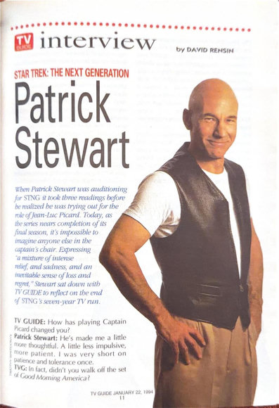 When Patrick Stewart was auditioning for STNG It took three readings before he realized he was trying out for the role of Jean-Luc Picard. Today, as the series nears completion of its final season, it’s impossible to imagine anyone else in the captains chair. Expressing "a mixture of intense relief, and sadness, and an inevitable sense of loss and regret,” Stewart sat down with TV GUIDE to reflect on the end of STNG's 8 seven-year TV run.  TV GUIDE: How has playing Captain Picard changed you? Patrick Stewart: He’s made me a little more thoughtful. A little less impulsive, more patient. I was very short on pahience and tolerance once. TVG: in fact, didn't you walk off the set of Good Morning America?