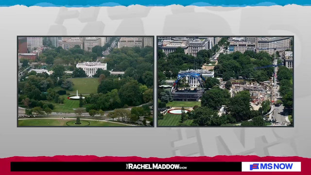 The intact WH before Trump pictured next to the mess it is now, half torn down with the remnants of his UFC cage match filling the South Lawn. Total mess.