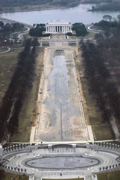 During the renovation, you could see part of the black line Trump is pointing to as a saboteur's "slit" supposedly created with a boxcutter.