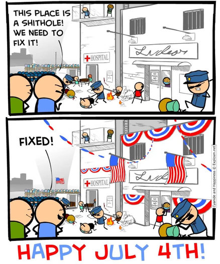 Two panel comics. Two guys watch America - protesters clash with police, cops are beating people of colour, there is no access to medical care, homeless people burning rubbish under the wall. They say "what a shithole, we need to fix it". 

On the second panel everything stays the same but buildings are decorated with American flag, but they are happy they fixed it.