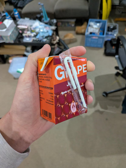 Grape juice box from fantastic Mr fox. The ingredients lists organic grapes 110%, unnatural flavour, other
Nutritional information has energy 100MW, asbestos not detected and lead, normal amount