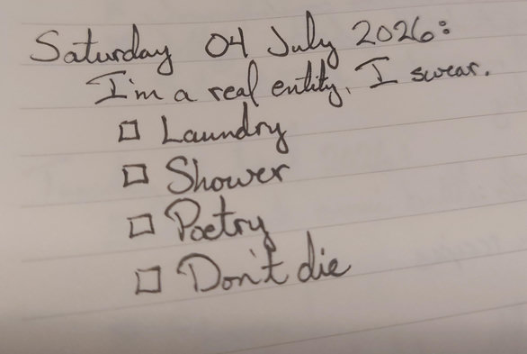Saturday 04 July 2026: I'm a real entity, I swear.

To do: laundry, shower, poetry, don't die.
