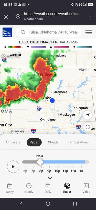 Screenshot from my phone showing a radar image indicating a line of severe thunderstorms northwest of my location.