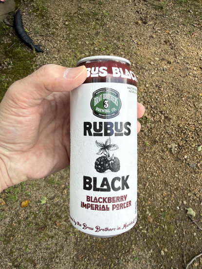 A pint can is white with a dark purple top and black and purple lettering. A cluster of blackberries is in the middle.