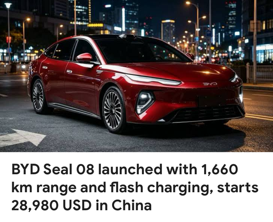 Screenshot of a social media news card with the headline “BYD Seal 08 launched with 1,660
km range and flash charging, starts
28,980 USD in China”

