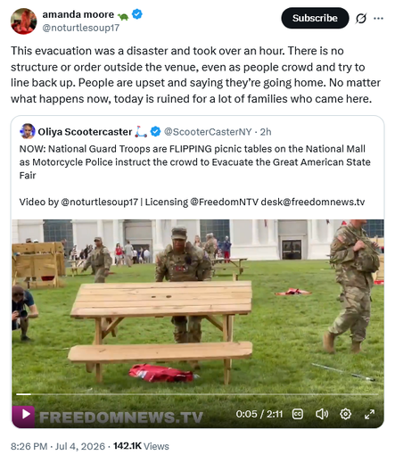 Tweet by amanda moore 🐢@noturtlesoup17
This evacuation was a disaster and took over an hour. There is no structure or order outside the venue, even as people crowd and try to line back up. People are upset and saying they’re going home. No matter what happens now, today is ruined for a lot of families who came here.