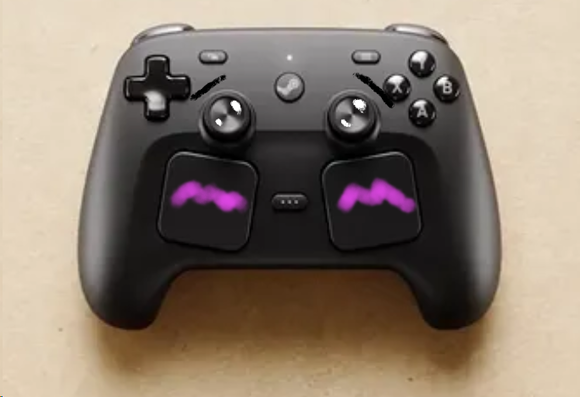 Steam controller amended with pink uwu cheeks, gem eyes, and wee lil Oh No Don't Pinch My Cheekies eyebrows