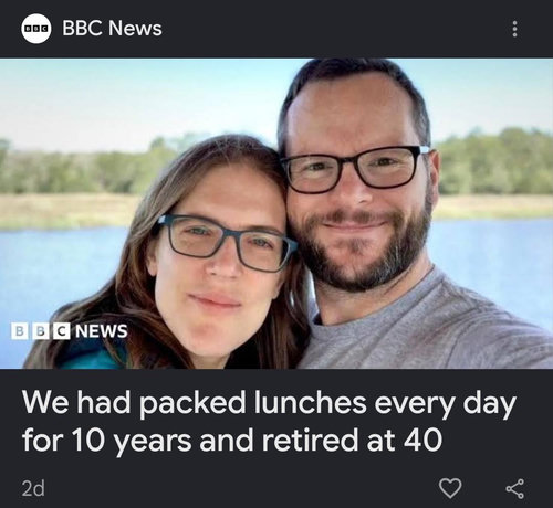 The headline "We had packed lunches every day for ten years and retired at 40" with a photo of the smug couple in question