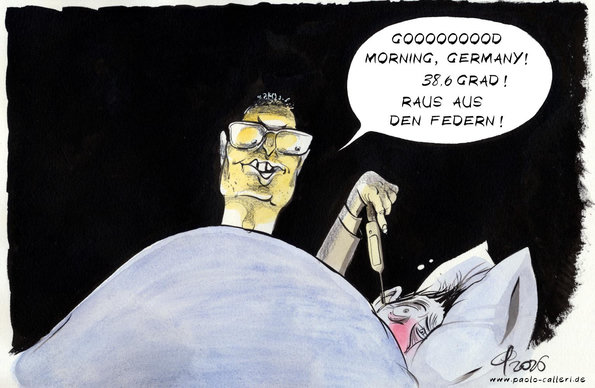 Karikatur "Jens Fitnesstracker Spahn" aus dem Jahr 2026. Jens Spahn erscheint aus dem Dunkeln eines Raumes und stekct einer Person im Bett ein Thermometer ins Ohr. Die Person im Bett hat eine rote Nase und wirkt schlapp. Spahn ruft aus: Good morning, Germany! 38,6 grad Raus aus den Federn!