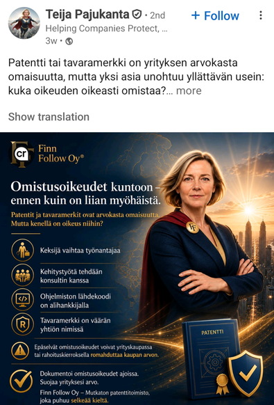 LinkedIn-sisältöesimerkkiä Finn Follow Oy:ltä.