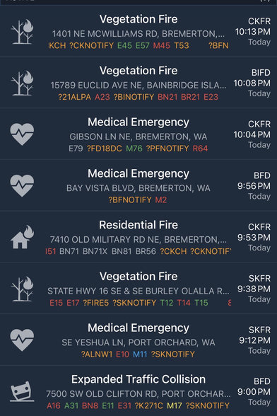 screenshot of pulsepoint with lots of vegetation fires and structure fires