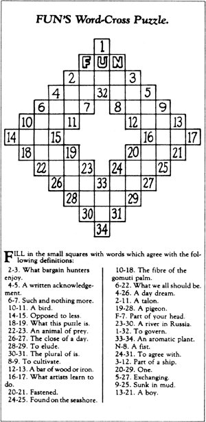 Das erste Kreuzworträtsel von 1913, „FUN'S Word-Cross Puzzle“: ein rautenförmiges Gitter ohne schwarze Felder, darunter die nummerierten Fragen in zwei Spalten.