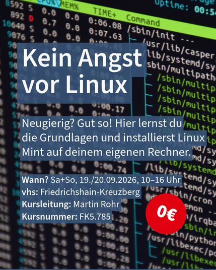 „Kein Angst vor Linux“ für kostenlosen VHS-Kurs, Daten und roter Kreis mit 0€ vor Code-Hintergrund.