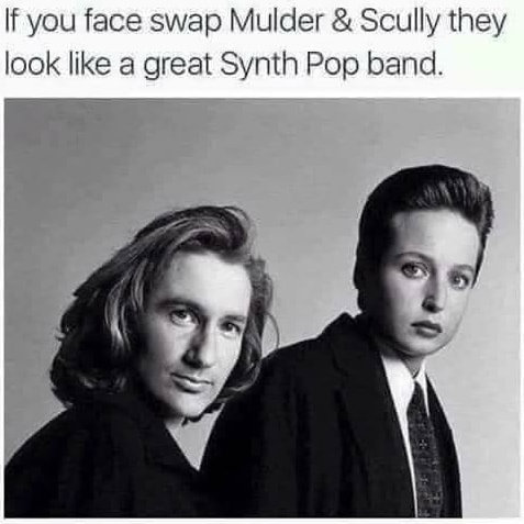 zdjęcie Muldera i Scully w którym zamienione są twarze. na górze podpis
if you face swap Mulder & Scully they look like a great Synth Pop band