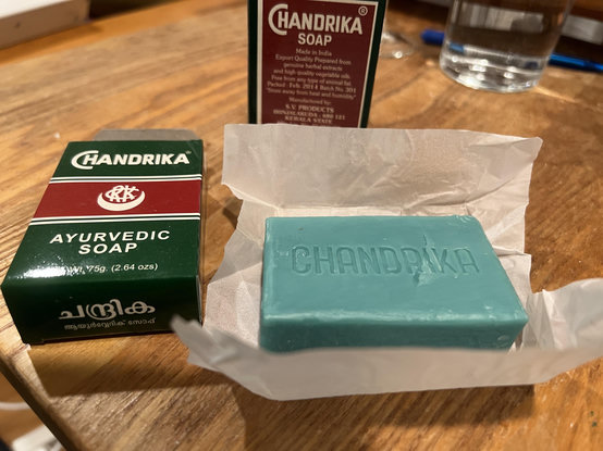 A soft green coloured bar of patchouli scented soap (heavy on the sandalwood) with no animal fats. I think Chandrika Ayurvedic soap smells amazing.