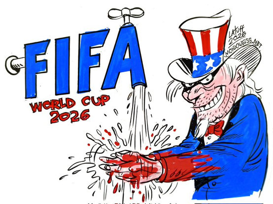 A cartoon by Carlos Latuff shows a faucet with the word “FIFA” on it, spurting blood onto Uncle Sam's hands.