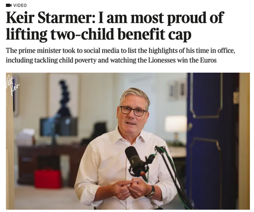 A photograph of starmer and the text
Keir Starmer: I am most proud of lifting two-child benefit cap
The prime minister took to social media to list the highlights of his time in office, including tackling child poverty and watching the Lionesses win the Euros