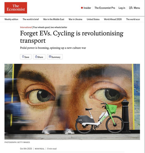 Screenshot of an article in The Economist. The headline reads, “Forget EVs. Cycling is revolutionising transport”