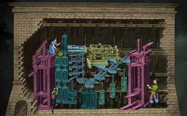 An insanely complex machine made up of many gears, troughs, water wheels, springs, screws, etc. It is housed in a brick building whose facade has been broken away. Three human figures labor to power the machine, turning cranks.