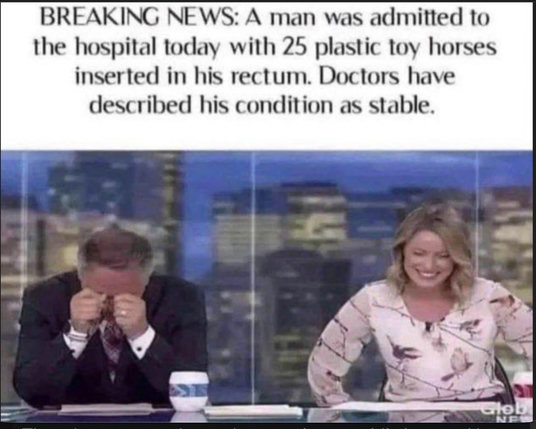 BREAKING NEWS: A man was admitted to the hospital today with 25 plastic toy horses inserted in his rectum. Doctors have described his condition as stable.