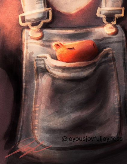 Painting of a sleeping miniature capybara in someone's overalls front pocket. The artist's signature and watermark @joyousjoyfuljoyness are at the bottom left and right.