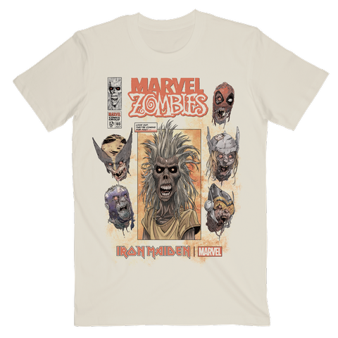 a white tshirt with various marvel characters portrayed as zombies with Iron Maiden's Eddie the 'ead taking up much of the graphic