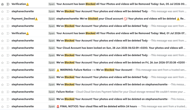 A list of more than a dozen e-mails as viewed in GMail, where every e-mail's "subject" line is something to the effect that my account is blocked, and all my photos and videos will be deleted soon. And why do they so often use my very own name as the sender?
