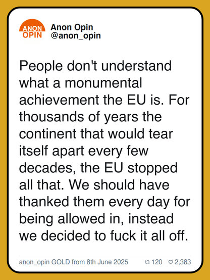 People don't understand what a monumental achievement the EU is. For thousands of years the continent that would tear itself apart every few decades, the EU stopped all that. We should have thanked them every day for being allowed in, instead we decided to fuck it all off.
anon_opin GOLD from 8th June 2025